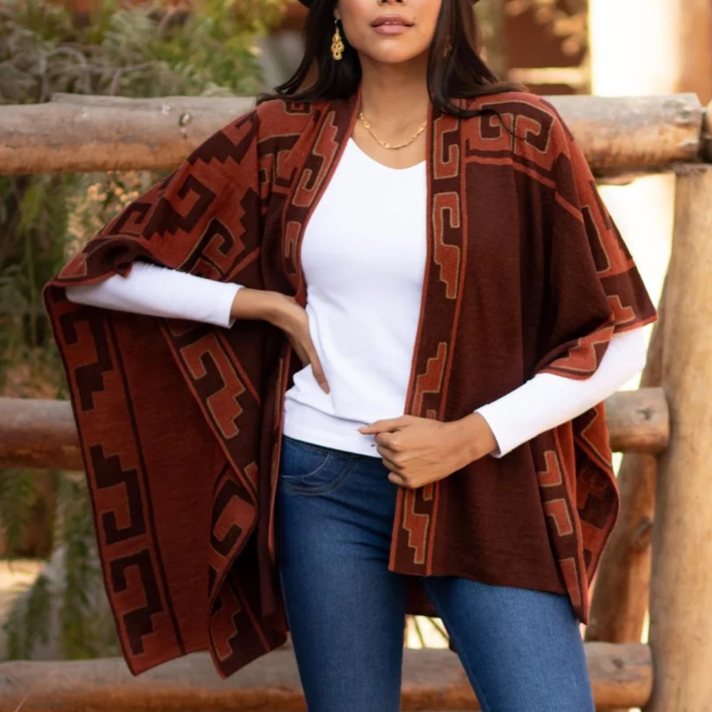 Novica Russet and Black Alpaca Blend Ruana from Peru, "Inca Afternoon in Russet